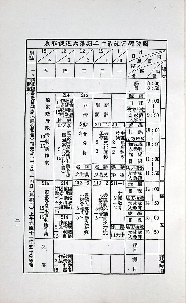 國防研究院第十二期第二課程「敵情研究」實施計畫綱要的圖檔，第22張，共23張