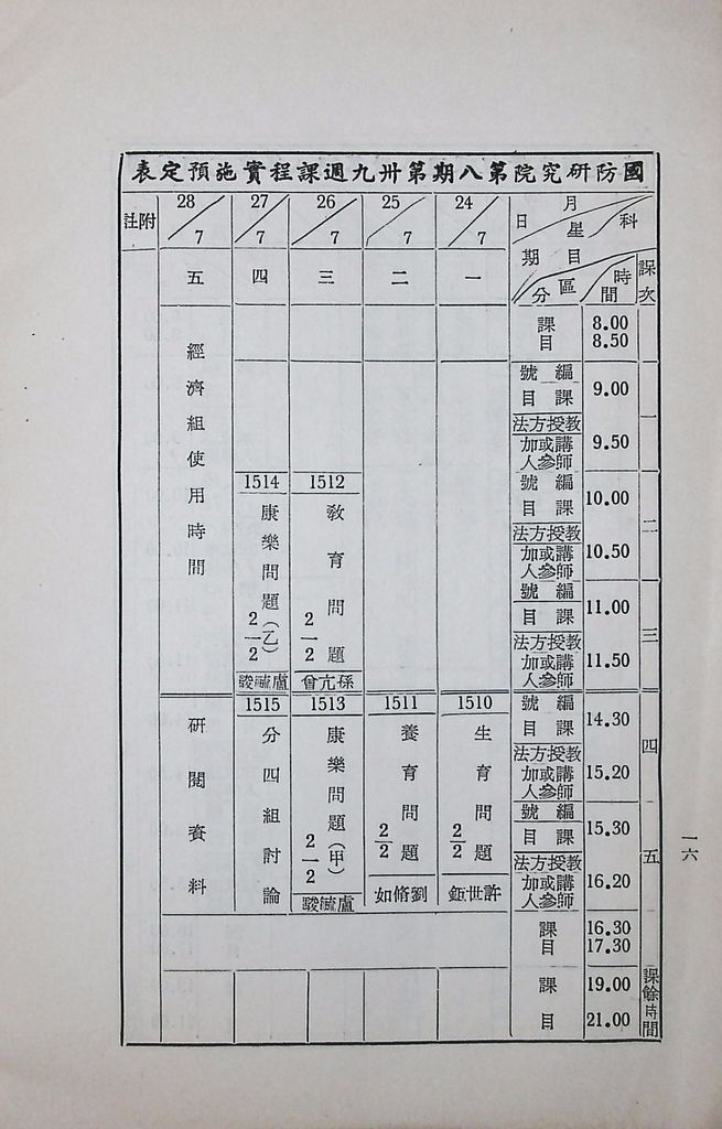 國防研究院第八期第十五課程(乙)「民生主義育樂兩篇補述研究」實施計劃綱要的圖檔，第17張，共18張